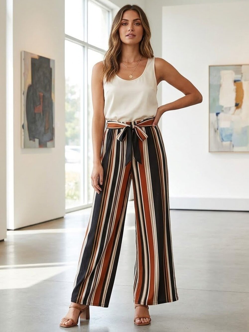 Maxine Nichols Elastic Waist Pull On Wide Leg Palazzo Striped Tie Belt Pant Navy
